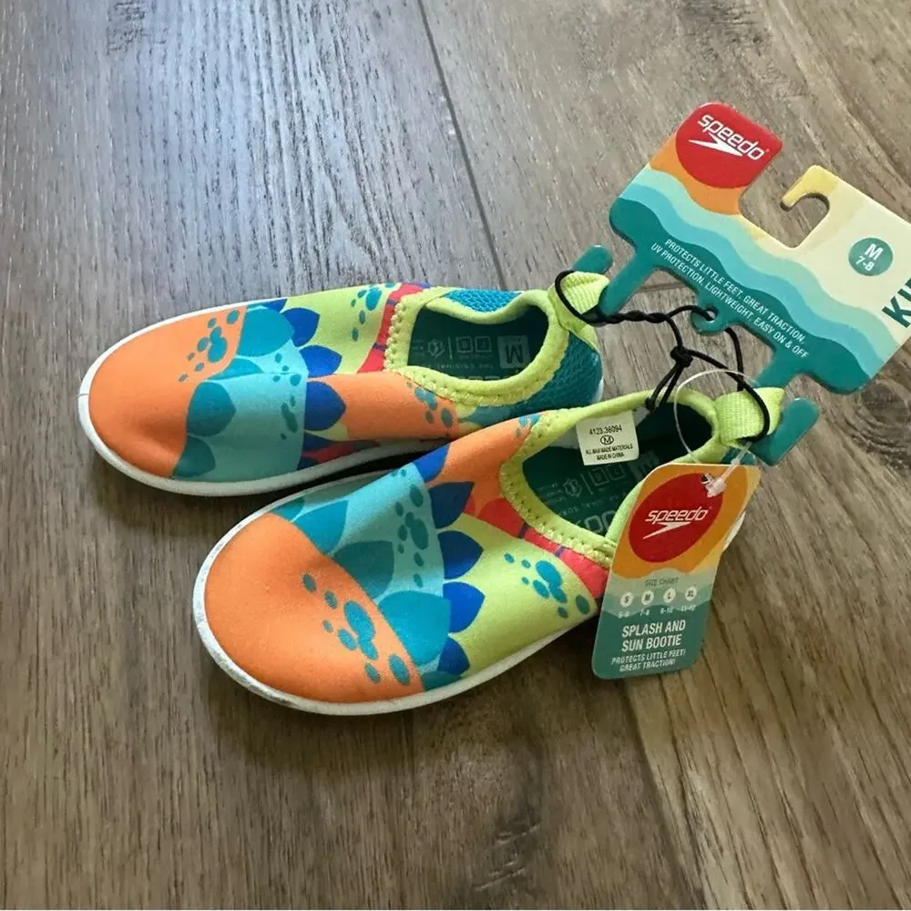 NEW!! Speedo Kids Water Shoes, Orange and Blue, Dinosaur, Size 7/8